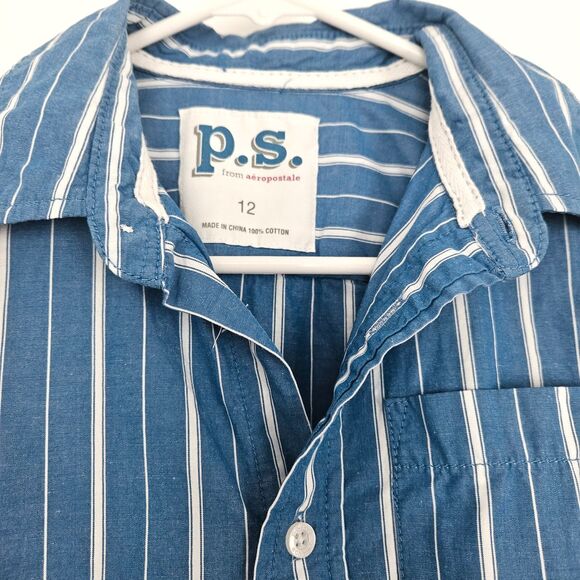 P.S. Aeropostale Boys Blue White Striped Button Down Shirt Size 12 - Picture 2 of 6
